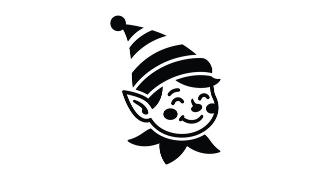Elf face with striped hat and pointed ears a black and white silhouette elves elfin fantasy
