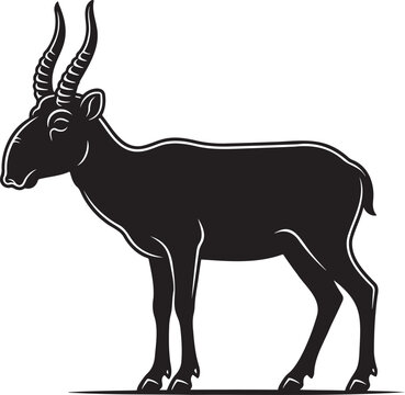 Black saiga antelope wild animal silhouette isolated on white background, horned mammal vector icon line graphic illustration for wildlife conservation logo nature print design element