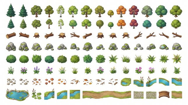 ピクセルアートの木、岩、植物、道、水辺の自然要素セット
