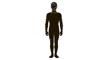 Mummy illustration depicts a full-body silhouette wrapped in bandages, standing upright on a plain white background, symbolizing an ancient Egyptian figure. © Md
