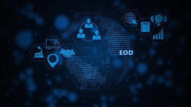 Digital eod end of day financial reporting interface featuring animated global business network and data analytics infographics for corporate communication and modern enterprise technology