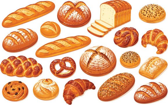 Assortment of baked bread products including baguettes loaves and croissants bakery food
 Art & Illustration