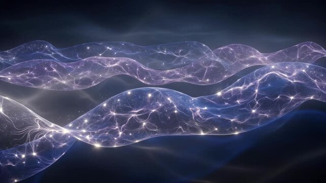 Abstract translucent waves with sparkling neural patterns on a dark blue background, suggesting connection, energy, innovation
