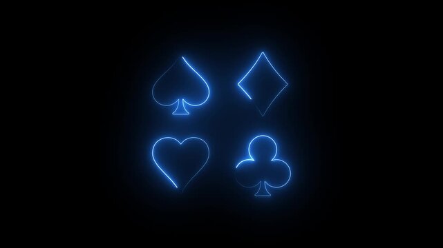 Neon glowing playing card suits animation, blue light poker symbols on black background, casino gambling concept motion