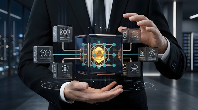 Businessman holding glowing blockchain network with icons