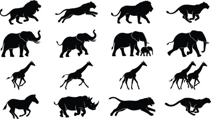 Set of black silhouettes of African wild animals including lions, elephants, giraffes, and rhinos isolated on a white background © Jafrin