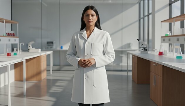 Hispanic female professional wearing a blank white lab coat in a modern research laboratory