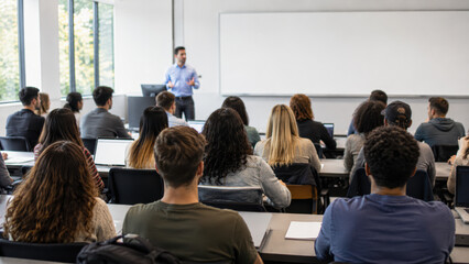 Obraz premium Students attentively listen to a male instructor presenting in a bright classroom with large windows and a whiteboard.
