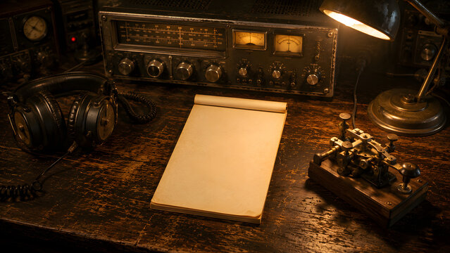 An antique radio transceiver with telegraph keys and headphones