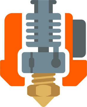 Flat icon illustration of a 3D printer hotend assembly, featuring orange clamps and a grey heatsink, symbolizing additive manufacturing and technology