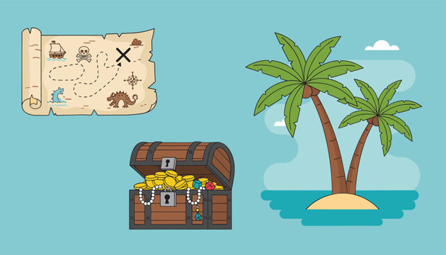 Ancient scroll treasure map and a heavy chest overflowing with gold coins are shown beside a tropical palm tree island.