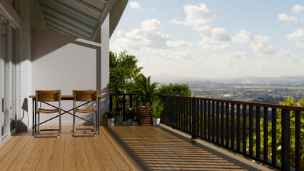 Obraz premium 3D Illustration of Modern Balcony Terrace with Wooden Deck, Chairs, Plants and Panoramic City View