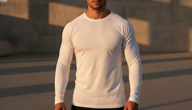Hispanic man wearing a blank white raglan long sleeve shirt in a modern concrete sports park