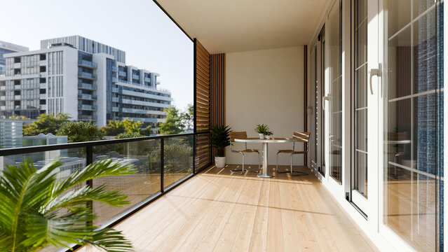 3D Illustration of Modern Apartment Balcony with Wooden Deck, Glass Railing, and City View