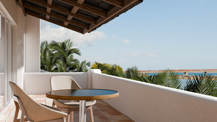 Fototapeta premium 3D Illustration of Tropical Hotel Balcony with Sea View, Pergola, and Outdoor Furniture