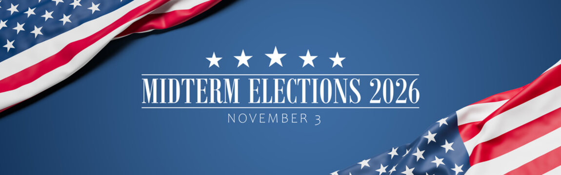 The wrinkled flag of the USA draped onto a blue surface and the text "Midterm Elections 2026 - November 3". Ultra wide web banner