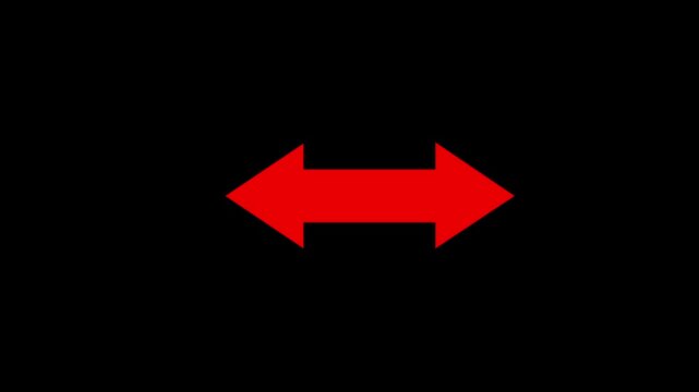 Red double-ended arrow icon pointing left and right movement on a black backdrop. 4k motion videos 
