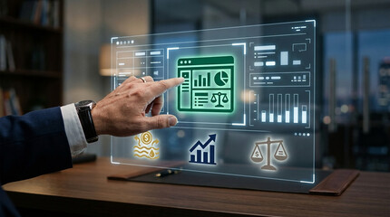 Fototapeta premium Businessman interacting with futuristic digital hologram interface showing financial data, law icons and business analytics for corporate management