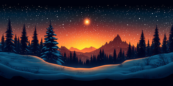 Glowing North Star Over Snowy Mountain Landscape with Pine Forest Silhouette Under Starry Winter Night Sky
