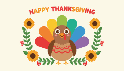 Fototapeta premium Cute thanksgiving turkey with colorful rainbow feathers surrounded by a sunflower wreath on a light background.