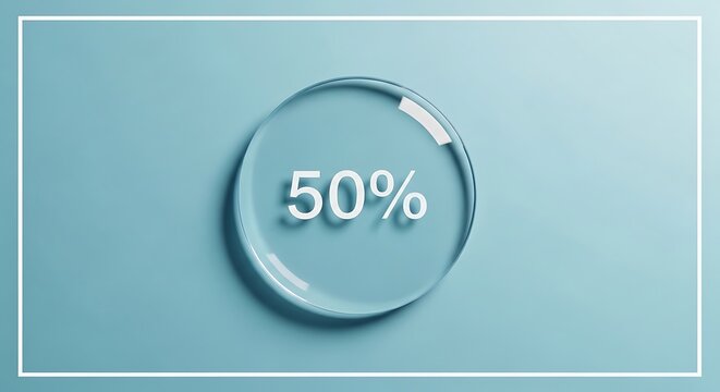 Fifty percent progress circular glass loading icon on blue background