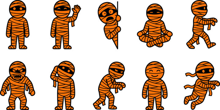 Cartoon mummy characters in various poses and expressions