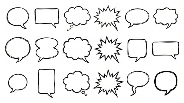Set of hand drawn speech bubbles and thought clouds for comics and messages in a simple black outline sketch style for design projects and creative communication graphics elements