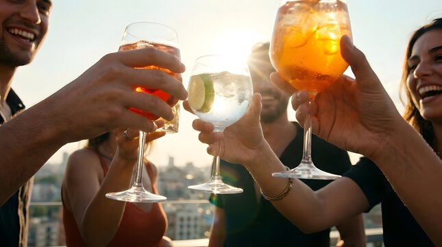 People clinking cocktail glasses on rooftop at sunset
