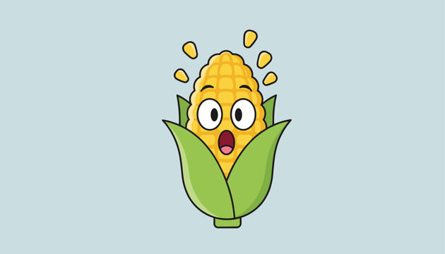 Funny cartoon corn cob shows a highly surprised facial expression with popping yellow kernels on its head.