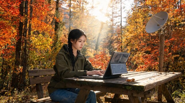 Digital Nomad Working Remotely in Sustainable Mountain Workspace