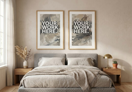 Two Vertical art frames Mockup on a wall in bedroom above gray bed
