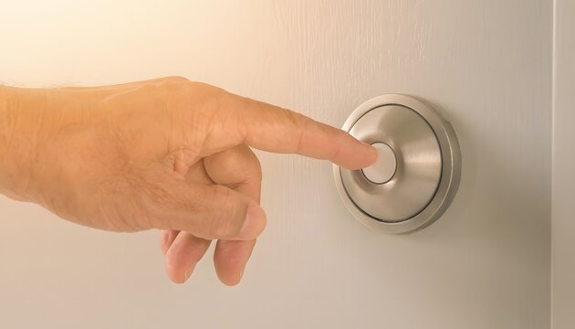 Close up of a man's finger pressing a round silver doorbell button on a white door in warm sunlight