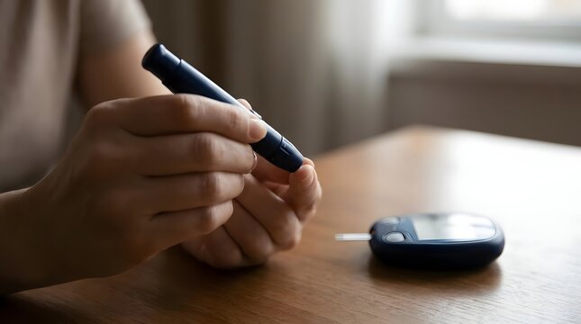 Person using lancing device and glucose meter
