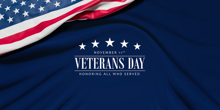 The wrinkled flag of the USA draped onto a blue velvet surface and the text "November 11th - Veterans Day - Honoring all who served"