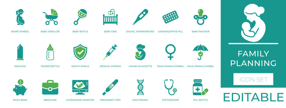 Family Planning Glyph Icons, Maternity Healthcare, Pregnancy Test, Birth Control And Reproductive Care Vector Set
