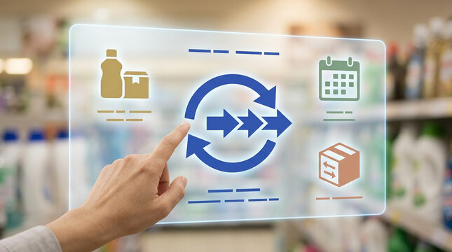 Futuristic Retail Supply Chain Management Concept showing a Human Hand Interacting with a Digital Hologram Interface for Logistics in a Supermarket.