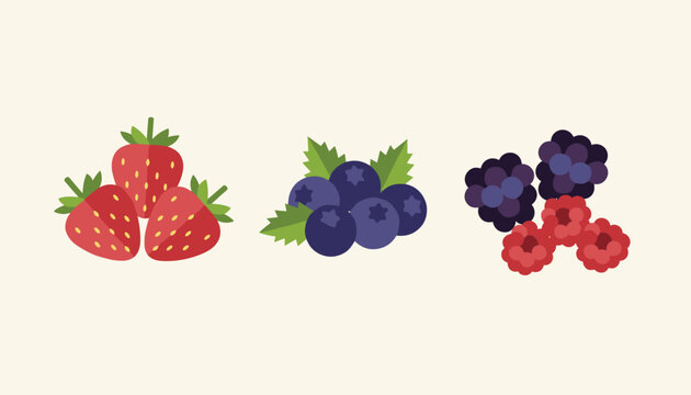 Assortment of fresh berries including strawberries, blueberries, raspberries, and blackberries on a plain background.