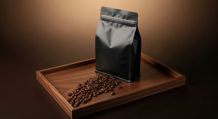 Fototapeta premium Black coffee bag and beans on a wooden tray, showcasing premium product presentation and quality ingredients, ideal for food marketing.