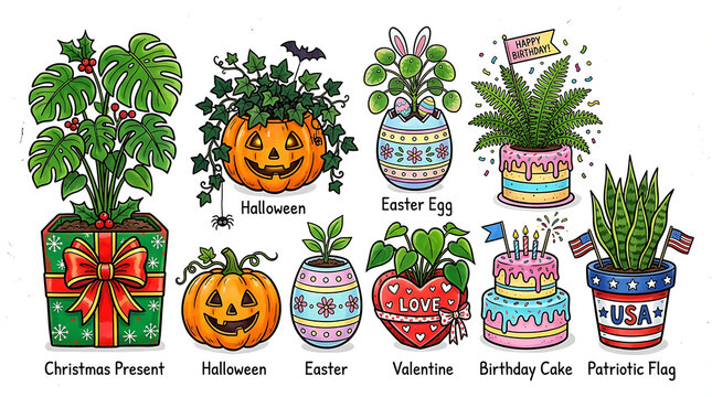 Holiday and Celebration Potted Plants Vector Set with Christmas, Halloween, Easter, Valentine's Day, and Birthday Themes
