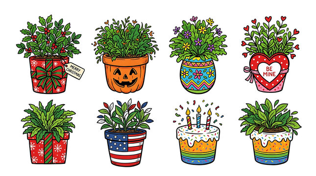 Holiday and Celebration Potted Plants Vector Set with Christmas, Halloween, Easter, Valentine's Day, and Birthday Themes
