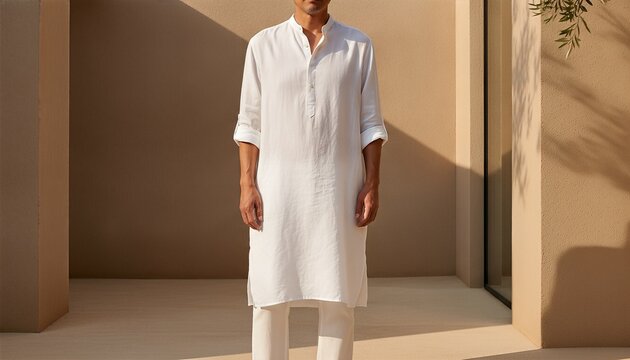 Mature East Asian man wearing a blank white linen tunic in a sunlit villa courtyard