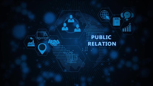 Digital public relations concept featuring animated global network connections, corporate communication business strategy symbols, and futuristic data visualization on a dark blue background