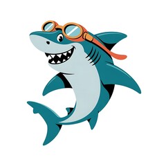 Fototapeta premium Cartoon shark character wearing orange aviator goggles isolated on white background for children book illustration design