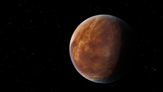 A fantastical planet floats in the depths of space against the backdrop of a boundless starry sky. The detailed surface with fiery hues creates an atmosphere of an unknown world, emphasizing the scale