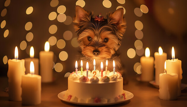 A cute Yorkshire Terrier sitting between multiple lit candles eagerly looking at a miniature white birthday cake, created with generative AI for heartwarming pet celebration concepts. 
