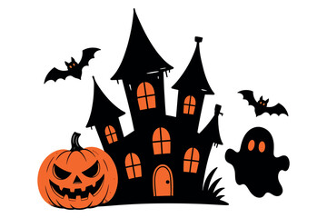 Fototapeta premium Spooky Halloween Haunted House Scene with Flying Bats, Ghost, and Pumpkin