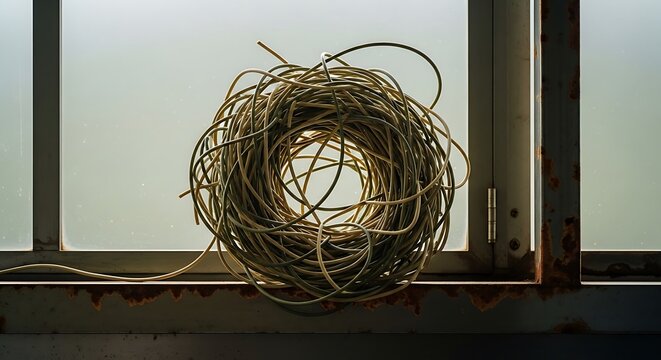 Tangle of electrical cable coiled on a rusted industrial window ledge