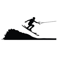 Fototapeta premium Waterskiing jump silhouette vector illustration with athlete catching air over lake water.