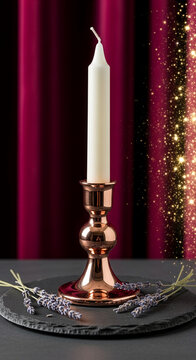 White candle in copper holder on slate with lavender, against a dark red curtain with gold sparkle overlay, symbolizing celebration, ceremony, and romance