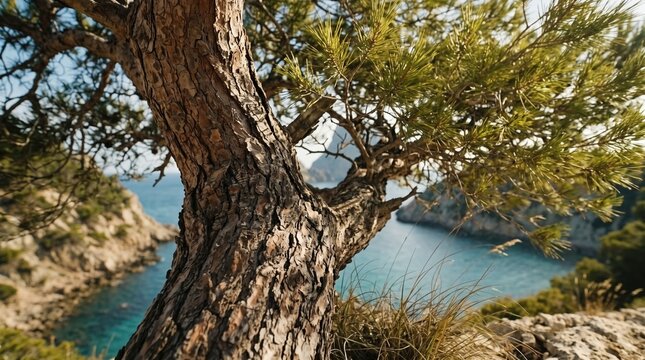 Close up pine tree trunk with needles. Mediterranean coastal landscape with turquoise water and cliffs in Ibiza. Ideal for travel brochures and nature blogs.